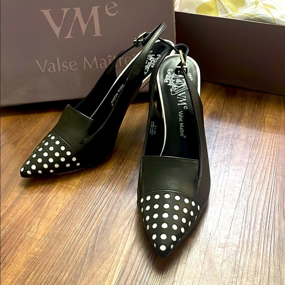 Black and White Slingback Heels with Studded Pointed Toe